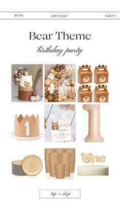 a birthday party with cake, candles and other items for the bear theme on it