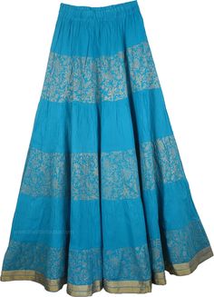 Blue Cotton Crisp Tall Skirt - This is a very crisp and crinkled summer long skirt with gold brocade-lace work and gold pattern in hand block print. The high quality long cotton skirt has an elastic waist and is half lined for a graceful full fit. The hemline is accentuated by a golden ribbon. This skirt surely looks beautiful with its golden highlights in the beautiful blue (see detailed picture below). Top it with a sexy cami in a light color (may be white) and it gives you a designer flair wi Festive Long Blue Skirt, Traditional Long Blue Skirt, Traditional Blue Maxi Skirt, Traditional Blue Flowy Maxi Skirt, Summer Long Skirt, Long Cotton Skirt, Tall Skirt, Crinkle Skirt, Long Skirt Summer