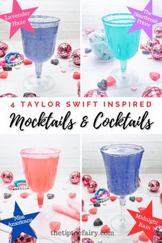 four different colored cocktails with text that reads 4 taylor swift inspired cocktails and cocktails