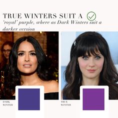 Dark Winter / Deep Winter VS True Winter palette 🖤 . #coloranalysis #colouranalysis #winterpalette #truewinter #darkwinter #deepwinter #coloranalyst #zooeydeschanel #salmahayek Dark Winter Colour Palette, True Winter Outfits, True Winter Makeup, Color Analysis Winter