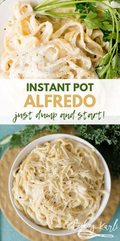 instant pot alfredo in a white bowl with broccoli