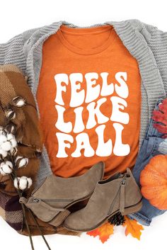 Orange Feels Like Fall Short Sleeve Graphic T Shirt Feels Like Fall, Fall Shorts, Tops Graphic, T Shirt Women, Women Tops, Shirt Women, Casual Fall, Mid Length, Graphic Prints