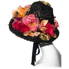 This superb couture 1950s Irina Roublon multi-color, silk floral trimmed hat is a hand-made beauty. Multiple layers of lacquered black veiling make up the body with a soft-peaked crown. So chic! Hat is secured by ribbon tie behind ears. Christmas Tea Party, Vintage Hat Boxes, Black Straw Hat, Rainbow Braids, Vintage Style Hat, Victorian Hats, Velvet Pink, Raffia Hat, Velvet Hat