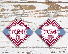 two blue and white keychains with the word kcr on them