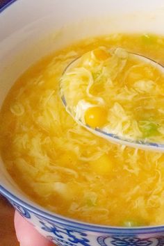 a white and blue bowl with yellow corn and egg drop soup. Corn Egg Drop Soup, Hearty Soup Recipes, How To Make Eggs, Food Types, Egg Drop Soup, Egg Drop