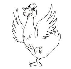 a black and white drawing of a duck with its wings spread out in the air