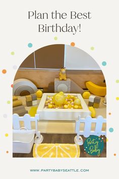 a baby's birthday party with lemons in the bathtub and decorations on the floor