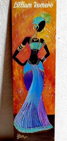 a painting on the wall of a woman in a blue dress and headdress