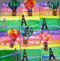 four different pictures with hot air balloons in the shape of eiffel tower on them