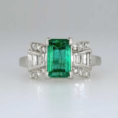 Vibrant 1940's Emerald Cut Emerald & Diamond Ring Platinum, 1.47 Columbian emerald surround by baguette and single cut diamonds, early 1940s.  https://www.etsy.com/listing/197076072/vibrant-1940s-emerald-cut-emerald?ref=shop_home_active_4 Art Deco Emerald Cut Emerald Ring For May Birthstone, Vintage Emerald-cut Jewelry With Center Stone, Antique Green Emerald-cut Emerald Ring, Vintage Platinum Emerald-cut Emerald Ring, Elegant Turquoise Emerald-cut Jewelry, Estate Jewelry For Sale, Diamond Ring Platinum, Beautiful Baubles