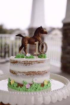 a cake with a horse figurine on top and the number 10 on it