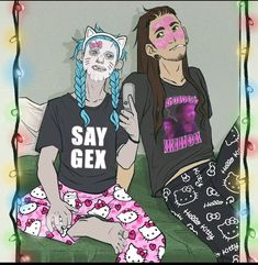 two people sitting next to each other with hello kitty on their shirts and leggings