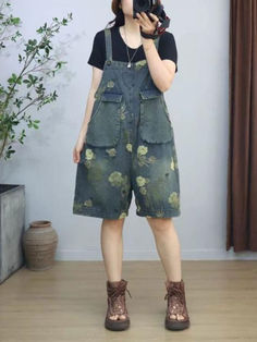 Style:	Street Material:	Denim Pattern:	Printed Length:	Half length Decoration:	Pocket Closure Type:	Pullover Silhouette:	Wide Leg Gender:	Female Season:	Summer  #rompers #overalls #shorts #jeans Denim Blue Shorts With Pockets For Fall, Overalls Grunge, 90s Overalls, Summer Rompers, Overalls Shorts, Overalls Fashion, Overall Outfit, Denim Pattern, Short Overalls