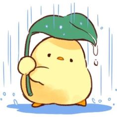 a cartoon chicken holding an umbrella in the rain with it's head covered by a green leaf