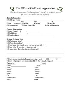 the official girlfriend application form is shown in this file, and it contains information about her