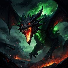 a green dragon with red eyes is in the middle of a fire filled forest, surrounded by flames