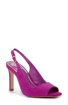 A square toe and tapered heel balance a polished sandal fashioned with an adjustable slingback strap for a secure fit. 4" heel (size 8.5) Adjustable slingback strap with buckle closure Leather upper/synthetic lining and sole Made in Brazil Summer Purple Slingback Heels, Purple Slingback Heels For Summer, Purple High Heel Slingback Pumps For Summer, Pink Slingback Pumps With Wrapped Heel, Purple Slingback Pumps With Ankle Strap, Purple Ankle Strap Slingback Pumps With Heel Strap, Spring Purple Slingback Pumps With Heel Strap, Purple Slingback Pumps For Spring, Purple High Heel Slingback Pumps For Spring