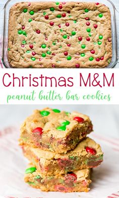 christmas m & m peanut butter bar cookies are stacked on top of each other