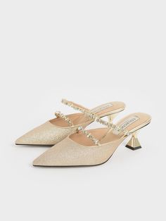 Gold Wedding Collection: Gem-Encrusted Metallic Glittered Mules - CHARLES & KEITH US Gold Wedding Heels Brides, Wedding Heels Brides, Gold Heels Wedding, Charles And Keith Shoes, Embellished Heels, Spool Heel, Fancy Shoes