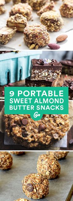 chocolate chip oatmeal breakfast cookies are stacked on top of each other with the words, 3 portable chew - almond butter snacks