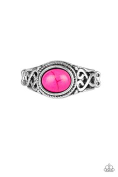 A vivacious pink stone is pressed into the center of a dainty silver band radiating with studded and filigree textures for a seasonal look. Features a dainty stretchy band for a flexible fit. Sold as one individual ring. P4SE-PKXX-061XX Paparazzi Accessories Jewelry, Pink Stone Rings, Southwest Boho, Mixed Metal Jewelry, Paparazzi Accessories, Exclusive Jewelry, Inspired Jewelry, Filigree Ring, Pink Ring