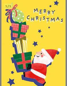 a christmas card with a santa clause carrying presents on his back and the words merry christmas