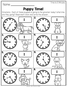 a worksheet for telling time to the puppies and other animals on clocks