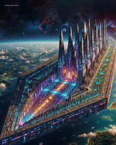 an artist's rendering of a futuristic city in the sky