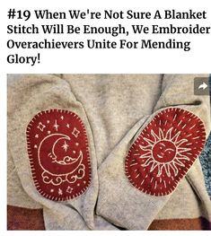 an article about how to sew on the front and back of a sweater with embroidered sun and moon designs