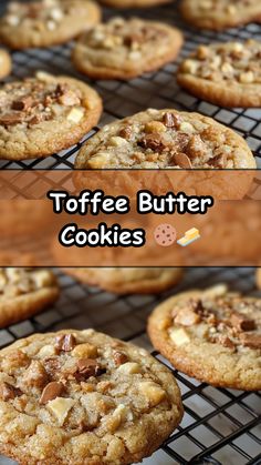 toffee butter cookies cooling on a rack with text overlay that reads toffee butter cookies