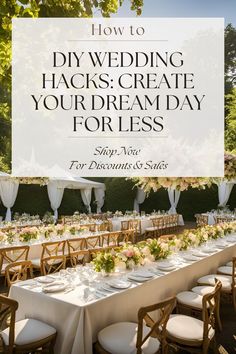 a long table set up with white linens and flowers