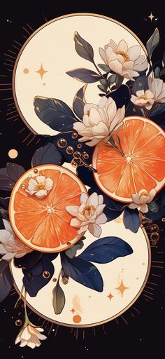 two plates with orange slices and flowers on them