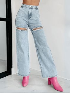 Straight Long Jeans, Woman Jeans, Streetwear Jeans, Womens Fashion Jeans, Long Jeans, Jeans Fashion, Rhinestone Trim, Glamour Fashion, Denim Trousers