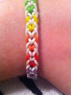 a close up of a person's arm wearing a bracelet with multicolored beads