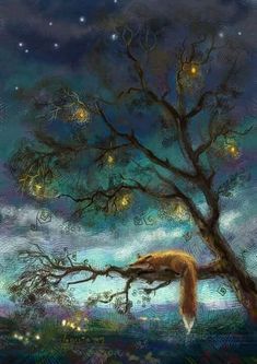 a painting of a tree with lights on it and a fox in the foreground