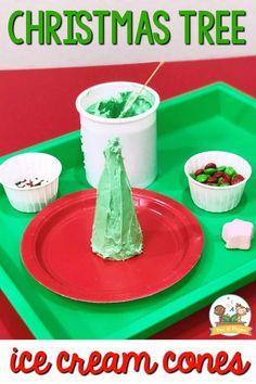 a green tray topped with ice cream cones