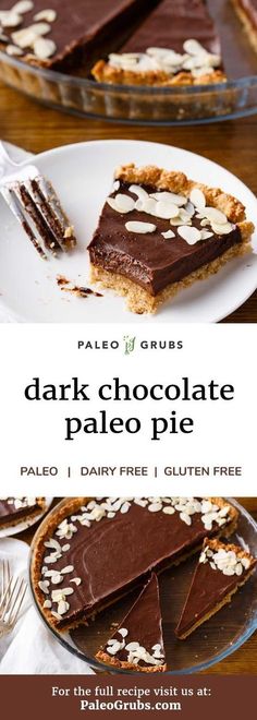 a piece of chocolate pie on a plate with the text overlay reads dark chocolate paleo pie