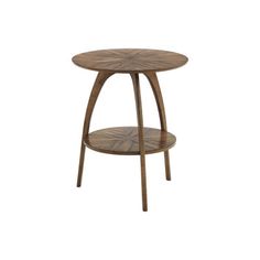 the side table is made out of wood and has a circular wooden base with two shelves