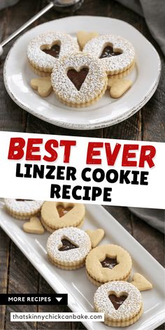 the best ever linzer cookie recipe on a white plate with cookies in the shape of hearts