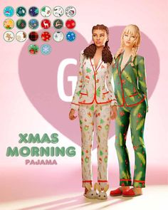 two women in pajamas standing next to each other with the letter g on it's chest