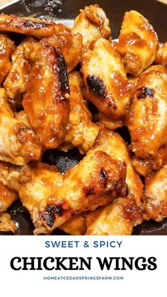 sweet and spicy chicken wings in a pan with text overlay