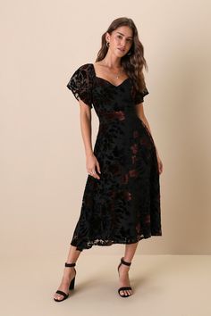 Lovely Purpose Black Velvet Floral Burnout Lace-Up Midi Dress Burnout Velvet, Lulu Fashion, Midi Ruffle Dress, Adhesive Bra, Long Sleeve Print Dress, Mesh Overlay, Lulu Dresses, Flutter Sleeves, Large Size Dresses