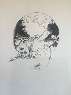 a drawing of a wolf with the moon in the background