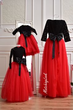 Red Black Dress, Mother Daughter Matching Dress, Mommy and Me Outfit Mother daughter matching maxi lace tutu dresses in black and red color. Mommy and Me matching outfits can be ordered in different colors. Mommy`s dress is maxi tutu dress with 3/4 sleeves, and daughters dress is floor length tutu with long lace sleeves. Color and fabric: cotton lace and cotton lining, tulle Length of the dresses can be made as you wish. Additional cost may be applied For better fit you can leave in the note to Fitted Tulle Dress For Holidays, Holiday Tulle Fitted Dress, Red Evening Dress For Halloween, Christmas Evening Tulle Dress, Holiday Costume Party Tutu Dress, Halloween Party Tulle Dress, Red Dress For Halloween Dress-up, Red Halloween Dress For Dress-up, Fitted Tulle Tutu Dress For Holiday