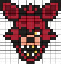 an image of a pixel art style devil head in red and black, with yellow eyes