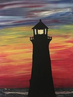 a painting of a light house on the beach at sunset with an orange sky in the background