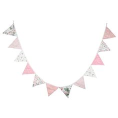 a pink and white triangle shaped bunting banner with flowers on it's sides