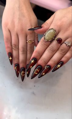 By @cynthias_nails House Of The Dragon Nails, New Clients Welcome, Pjo Oc, Blood Nails, Dragon Nails, Red Stilettos, Vintage Nails, Anime Nails, Studded Nails