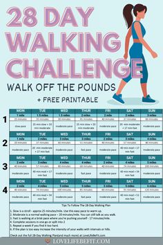 Illustration showing a 28 day walking challenge for body fat loss