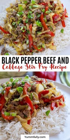 black pepper beef and cabbage stir fry with rice on a white plate, next to the recipe